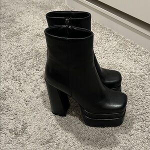 Black Platform Ankle Boots - Women's High Block Heel